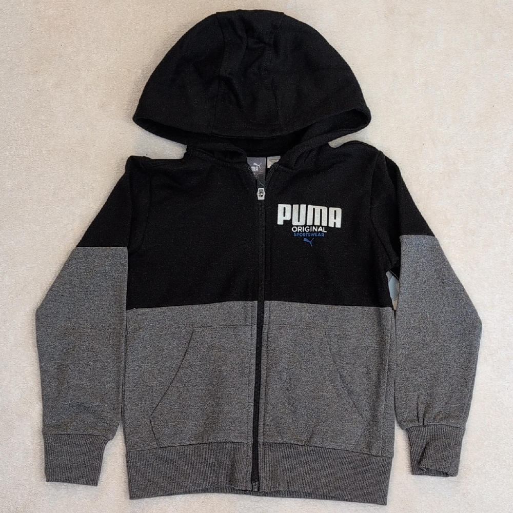 NWT Puma Boys Hoodie Size 5 Gray Black Full Zip Jacket